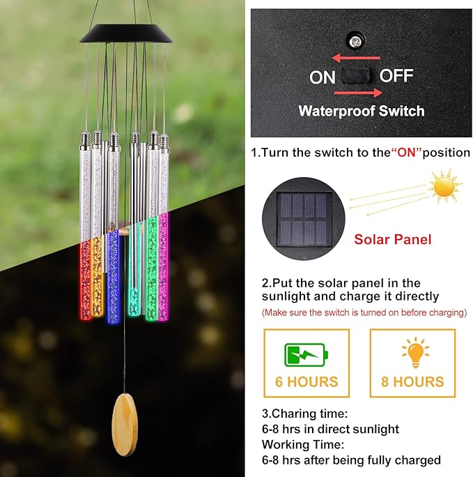 Solar Wind Chimes for Outside, DesGully 6 LED Tubes Color Changing Outdoor Clearance Unique Garden Decor Colorful Patio, Gifts for Her/Him (37" Long)