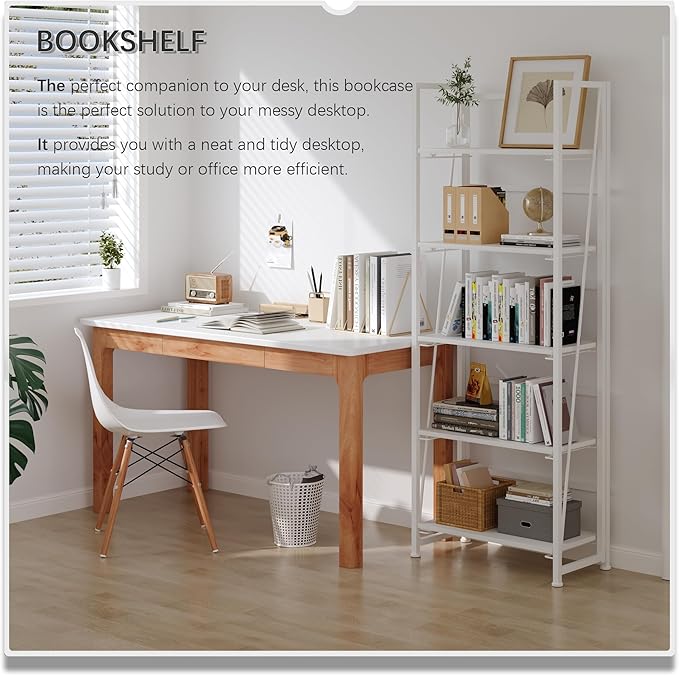 4NM No Assembly Folding Bookshelf, 5-Shelf 62.2" H Collapsible Foldable Bookcase Storage for Small Spaces, All White