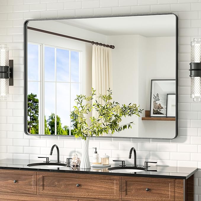 TETOTE 48 x 36 Black Mirror Large Matte Black Bathroom Mirror, Tempered Glass, Wall Mounted for Bathroom, Entryway, Bedroom, Living Room(Horizontal/Vertical)
