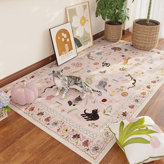 Rugcomf Area Rug 4x6 Rug Washable Boho Rugs Non Slip Low Pile Floral Animal Cat Small Carpet for Bedroom Bedside Kids Room Office Dining Room, Pink