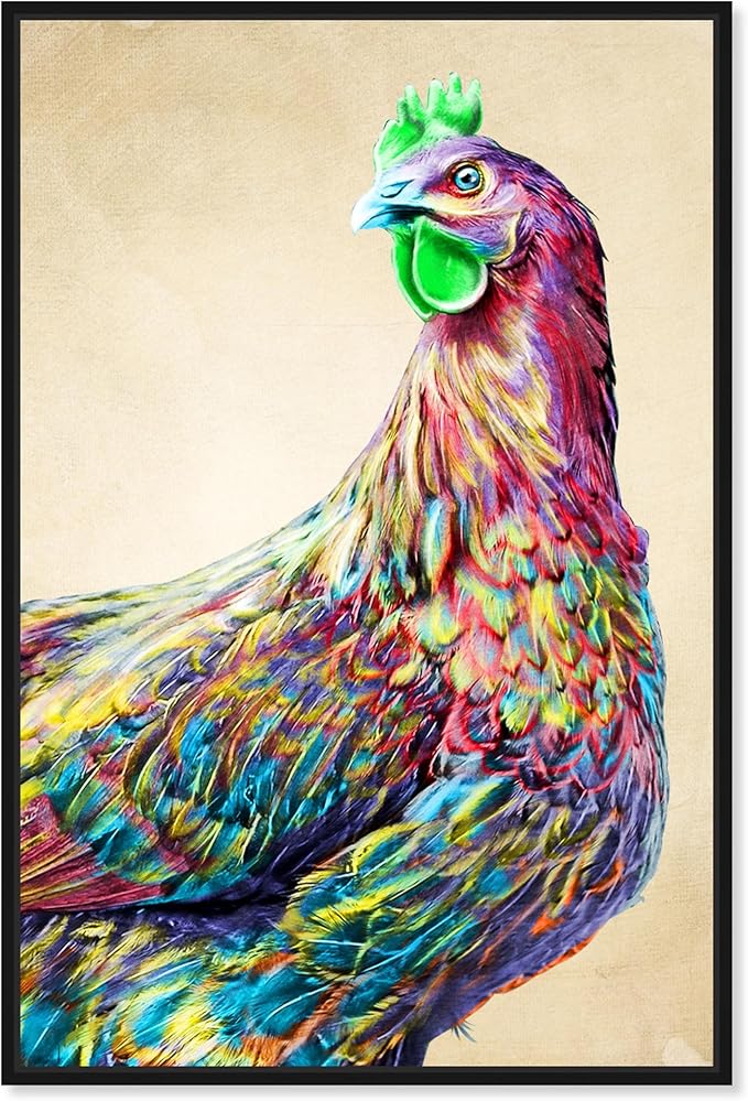 Country Farmhouse Canvas Print Painting Animal Wall Art 'Fun Colorful Glam Rooster' Black Framed Canvas Rustic Home Décor 24x36 in Pink, Green by Oliver Gal