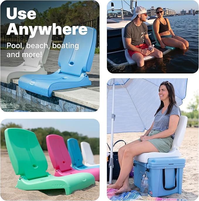 Step2 Vero Pool Lounger and Folding Adult Flip Seat Bundle, Outdoor/Indoor Waterproof Patio Furniture, Provides Back Support When Sitting, Made of Durable Plastic, White/Capri Blue