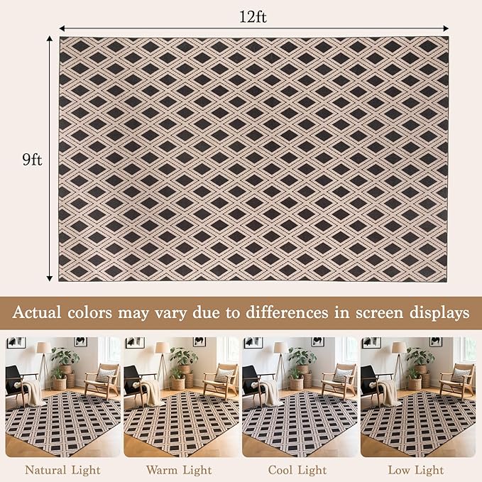 LBRO2M Checkered 9X12 Area Rug for Living Room Washable Rugs for Bedroom Dining Room Non Slip Modern Rugs Easy Clean, Soft, Stain Resistant Carpet Great for Pets and Family (9'X12' Black)
