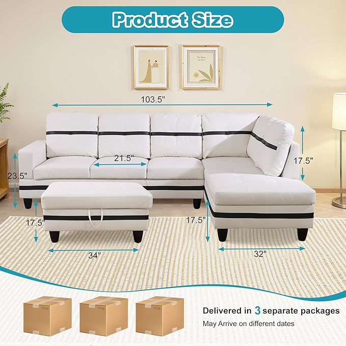 Couches for Living Room PU Leather L Shaped Couch Comfy 3 Pieces Sectional Sofa with Chaise, Ottoman with Storage for Office and Small Apartment, White and Black