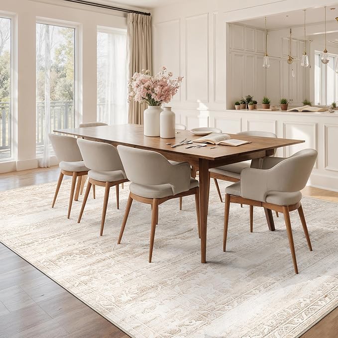 8x10 Area Rugs for Living Room, Stain Resistant Neutral Washable Rugs for Dining Room, Floral Vintage Non-Slip Thin Large Size Area Rug Beige Ivory