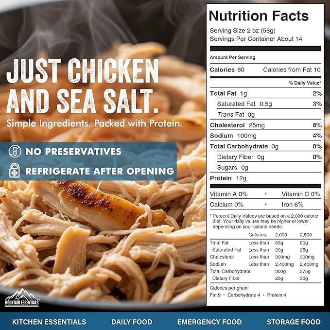 MOUNTAIN ESSENTIALS Fully Cooked Canned Chicken 28 Oz ??White Meat for Daily Meals, Camping & Emergency Food ??Great for Snack, Lunch, Dinner Recipes ??5-Year Shelf Life ??Made in USA ??Pack of 6