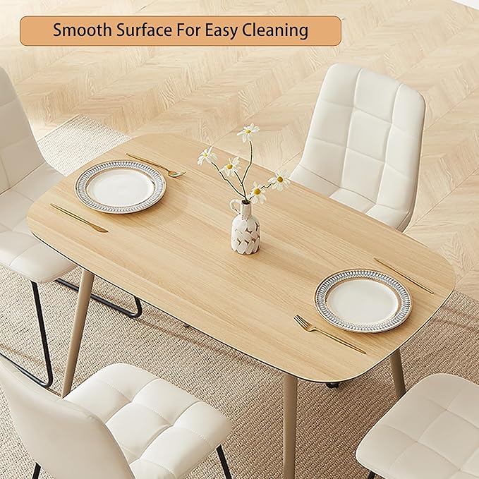 47.2'' Dining Table Set for 4 - Modern Wood Table with Cat Scratch-Resistant Surface & 4 U-Shaped White Leather Chairs, Kitchen & Dining Room Furniture, Space-Saving Table and Chairs Set