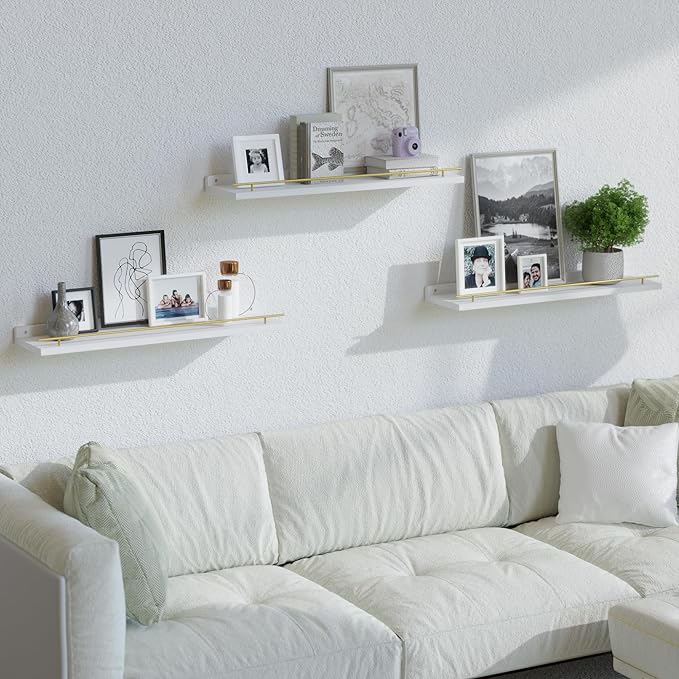 WOPITUES Floating Shelves 24 inch with Gold Metal Guardrail, Shelves for Wall Decor Set of 3, Wall Shelves for Bedroom, Bathroom, Kitchen, Living Room, Plants, Picture Frames, Art- White and Gold