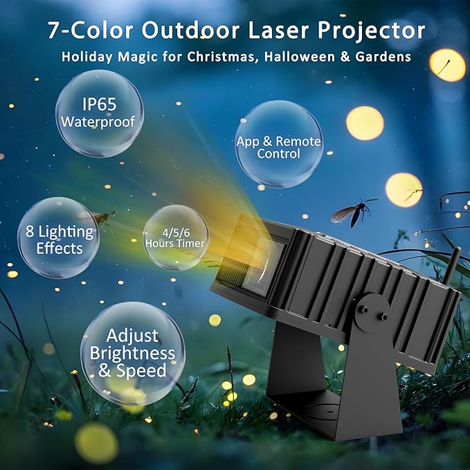 AIRIVO Outdoor Star Laser Projector, App & Remote Control 7 Colors Motion Smart Firefly Lights Christmas Snowflake Projector, 8 Lighting Effects Fairy Light Projector for Holiday Decor Garden Light
