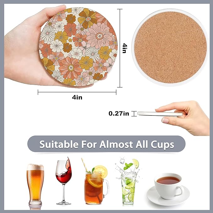 6 Pcs Coasters for Drinks with Holder,Retro 70s 60s Floral Hippie Flowers Absorbent Coaster with Cork Backing,Great Gift for Housewarming,Room Decor,Bar,Holiday Party