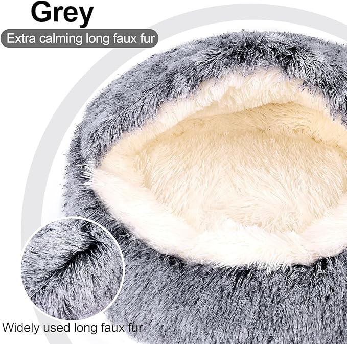 MADDEMCUTE Calming Dog & Cat Cave Bed With Hooded Cover, Removable Washable Round for Small Medium Pets, Anti-Slip Faux Fur Fluffy Coved for Improved Sleep, Fits up to 15/25 lbs (Grey, S)