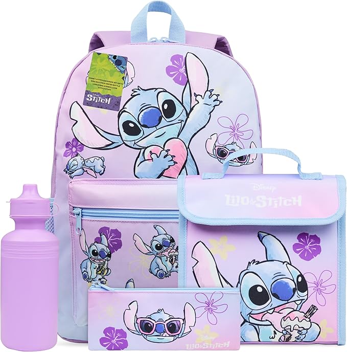 Disney Stitch Backpack Set 4 Pcs with Insulated Lunch Bag Water Bottle Pencil Case Gifts for Kids