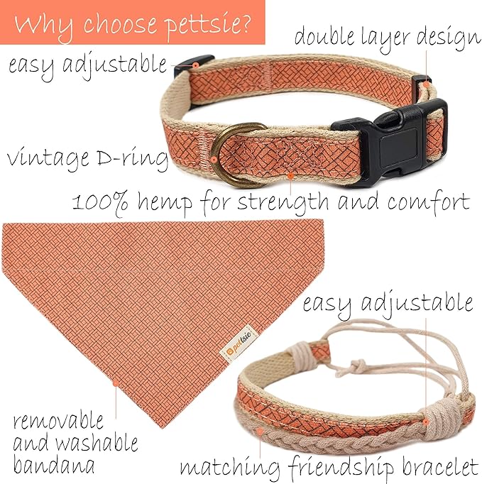 Pettsie Dog Bandana Collar with Matching Friendship Bracelet – Adjustable, Durable Hemp & Soft Cotton, Stylish & Comfortable Pet Bandana, Designed for Dog Lovers, Small, Orange