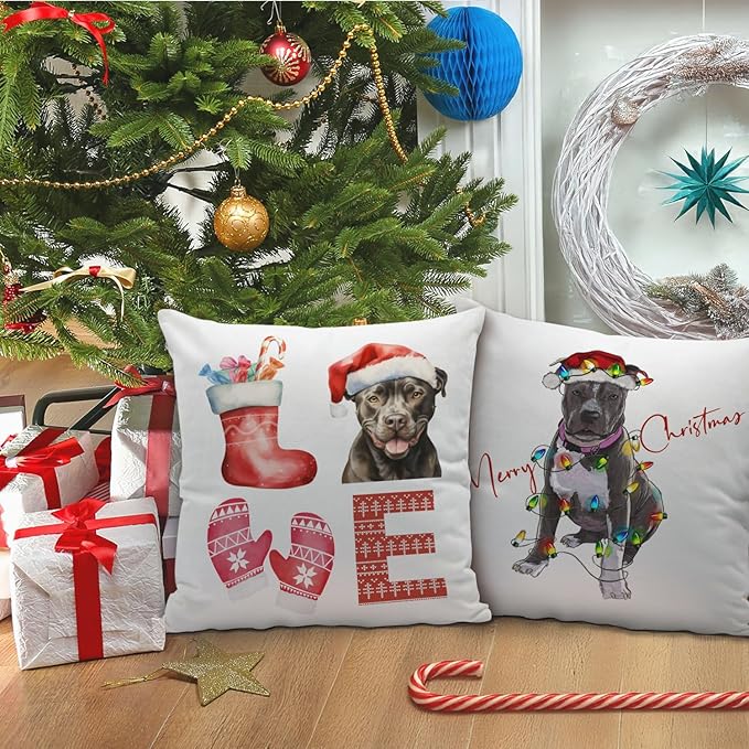 Pitbull Christmas Pillow Covers 18x18, Gifts for Pitbull Lovers Women, Mom Gifts, Merry Christmas Xmas Pillow Covers, Living Room Bedroom Decor, Set of 2