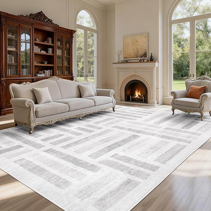 Washable Area Rugs,8x10ft Soft Rug for Living Room and Bedroom Vintage Striped Rug Stain Resistant with Non Slip Backing Geometric Checkered Foldable Print Mat for Home Decor