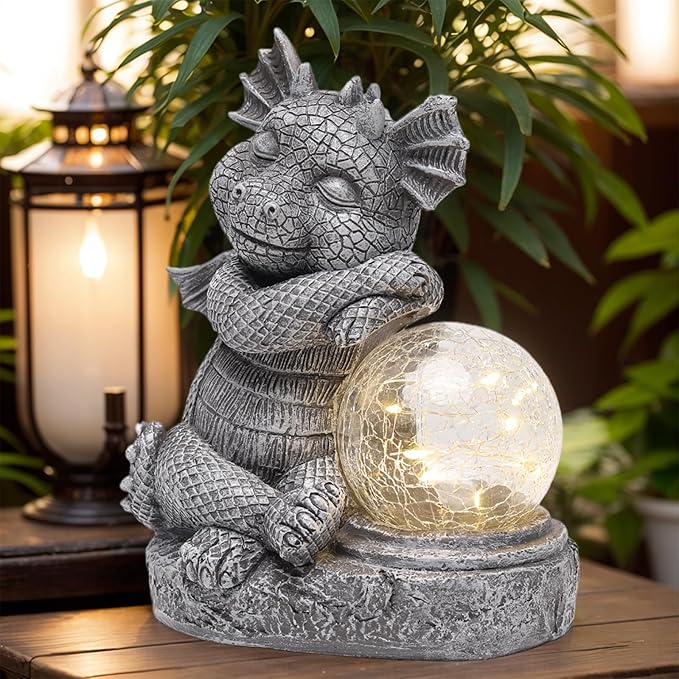 Garden Outdoor Dragon Statue Holding Solar Magic Orb LED Light Resin Adorable Baby Dragon Figurines for Patio Balcony Yard Lawn Garden Unique Housewarming Gift for Mom Grandma