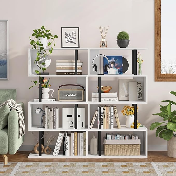Yusong Geometric Bookcase, S Shaped Bookshelf 4-Tier Book Shelves for Bedroom, Modern Wood Decorative Display Shelf Tall Book Case for Home Office, Black and White
