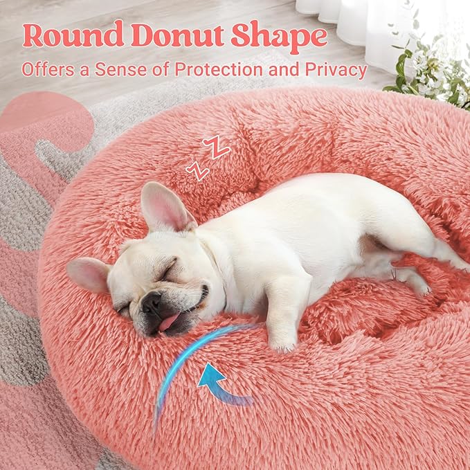 rabbitgoo Calming Dog Bed for Small Medium, 27 inches Pet Bed Machine Washable, Non-Slip Round Fluffy Plush Faux Fur, Soft Donut Cuddler Cushion for Small Dogs, Pink