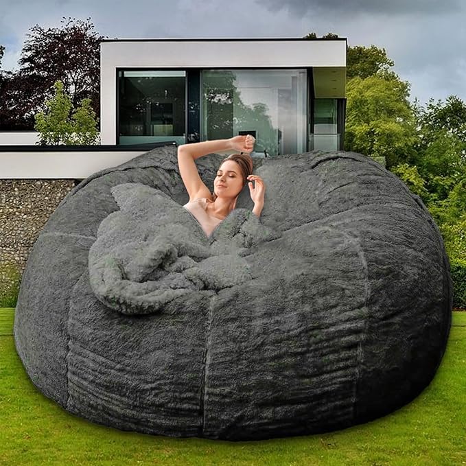 Bean Bag Chair for Adults Kids Without Filling Comfy Fluffy Giant Round Beanbag Lazy Sofa Cover for Reading Chair Floor Chair, 6FT, Dark Grey
