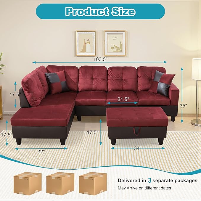 L Shaped Couch Modern Sectional Couch Upholstered Flannel Fabric 3 Pieces Sofas for Living Room with Chaise, Storage Ottoman for Office and Small Apartment, Red