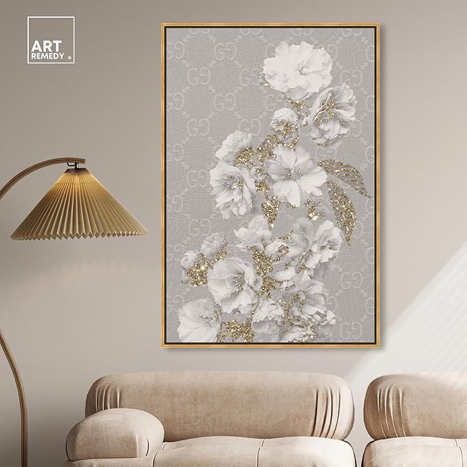 Art Remedy Floral in Classic Fashion Canvas Delicate Farmhouse Wall Art, Gold Frame, 36" x 54"