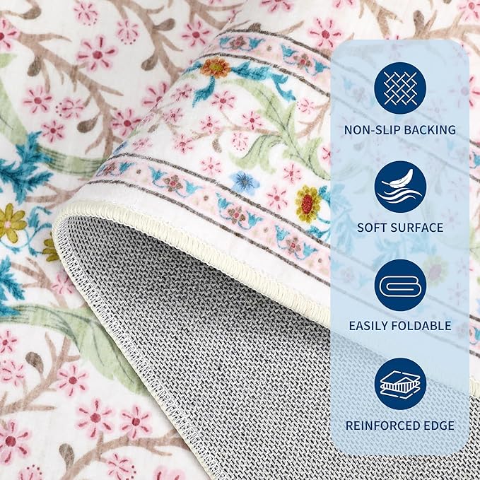 GarveeHome Pink Floral 4 ft Round Rug Washable Non-Slip Soft Low Pile Small Circle Carpet Vintage Rugs for Kitchen Bedroom Nursery Dining Living Room