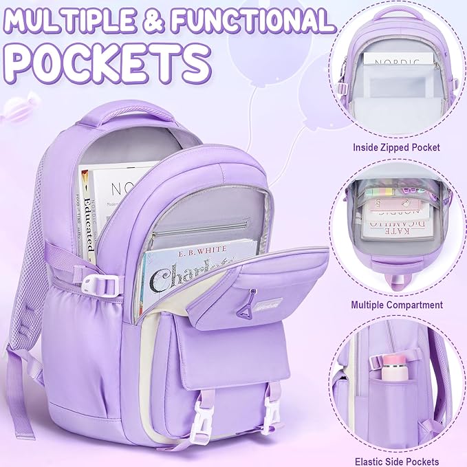 Fimibuke Backpacks for Girls, 3 PCS Waterproof School Backpack with Lunch Box & Pencil Pouch for Kids Teen Girl, Cute Bookbag School Bag for Elementary Middle High School Student Ages 6+(Pink)