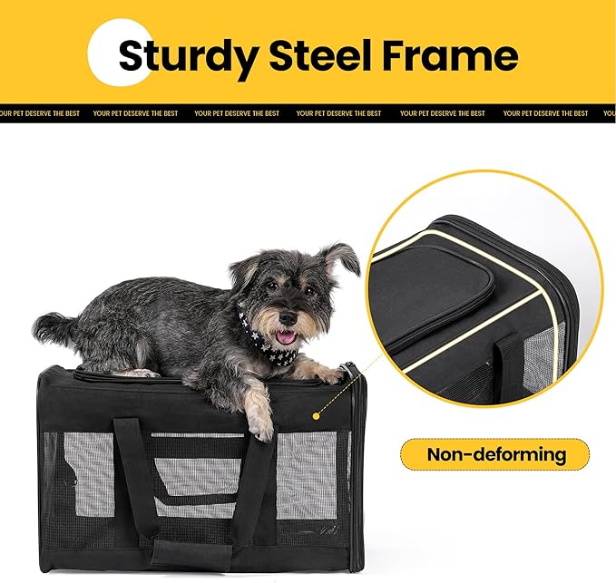 Cat Carrier Airline Approved, Soft-Sided Dog Carrier with Inner Safety Leash, Pet Transport Carrier for Small-Medium Cats Puppies up to 15 Lbs, Collapsible Travel Kitten Carrier Bag -BlackM