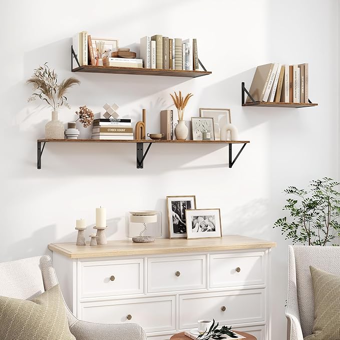 Heimlove Deep Floating Shelves for Wall, 24W x 8D Wood Wall Shelves Set of 2, Wide Floating Bookshelf for Living Room, Kitchen, Office, Bedroom and Decor Storage, with Metal Bracket - Rustic Brown