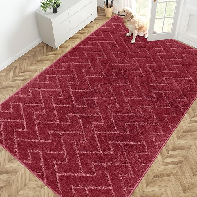PURRUGS Easy Care Area Rug 6ft x 9ft, Non-Slip Machine Washable Entry Rug, Dog Door Mat, Stain Resistant Accent Rug for Hallway, Bedroom, Living Room and Mudroom, Cherry Red
