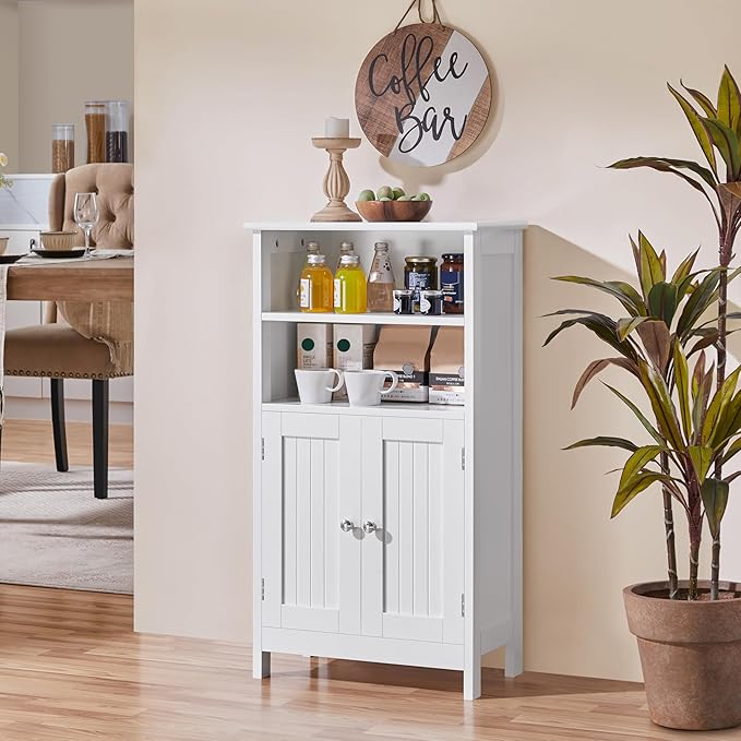 Yaheetech Bathroom Floor Cabinet, Free Standing Cabinet with Double Door and Adjustable Shelf, Side Tall Storage Organizer for Living Room/Kitchen/Hallway/Home Office, White
