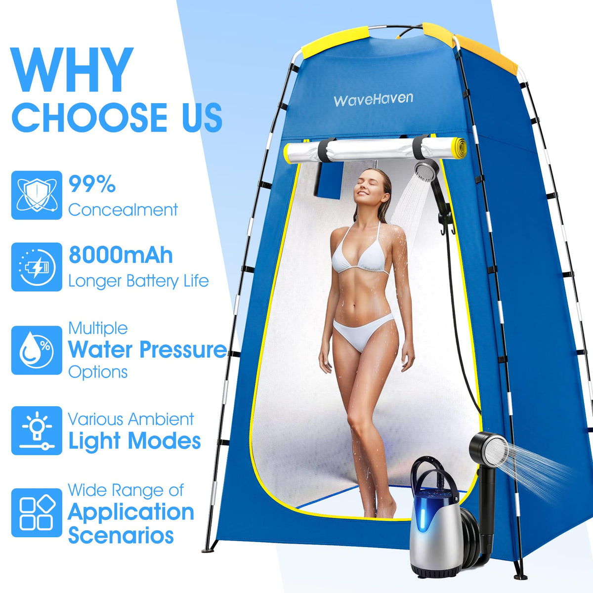 WaveHaven Portable Camping Shower, Portable Shower with Tent, 8000mAh Rechargeable Camp Shower Pump with LED Display&Ambient Light,5 Spray Modes,IPX8 Waterproof,Outdoor Camping Shower Kit for Travel