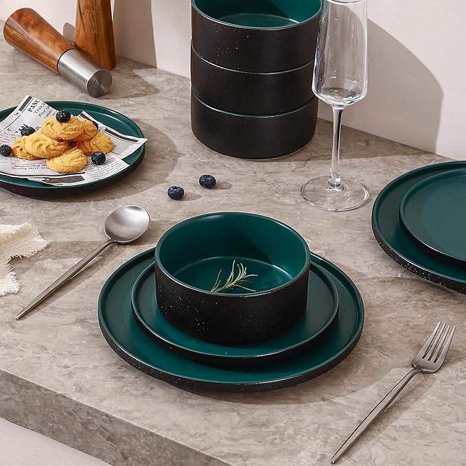 GZG Classic Series - Plates and Bowls Set for 6, 18 Piece Stoneware Dinnerware Sets, Microwave and Dishwasher Safe Lead-Free Handcrafted Ceramic Dishes Set - Malachite Green