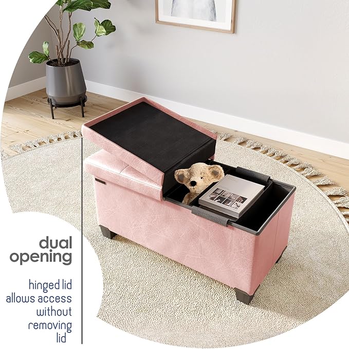 STORAGEBUD Storage Ottoman Bench with Bins, 30-in Storage Bench for Bedroom End of Bed, Folding Foot Rest Ottoman for Living Room Max 660lbs, Faux Leather Ottomans, Pink