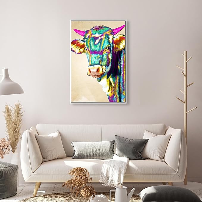 Country Farmhouse Canvas Print Painting Animal Wall Art 'Fun Colorful Glam Farm Cow' White Framed Canvas Rustic Home Décor 20x30 in Green, Pink by Oliver Gal