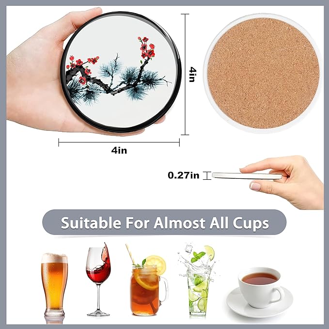 Drink Coasters Set of 6 with Holder,Japanese Cherry Blossom and Fujiyama Mountain Absorbent Ceramic Coasters with Cork Base,Fit All Cups,Tabletop Protection Mat for Mugs and Cups,Office,Kitchen