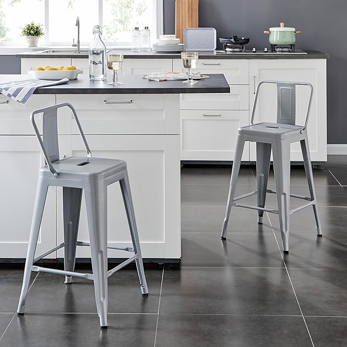 AC Pacific 24” Metal Barstool Set of 2 – Country Rustic Style with Low Back, Lightweight & Sturdy Build, Easy Assembly – Matte Silver