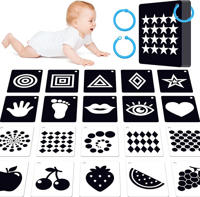 50PCS High Contrast Baby Flashcards, 100 Pages Black & White Visual Stimulus Flash Cards, Brain Development Cards Set Montessori Sensory Toys for Infants Newborn Boy Girl Baby Tummy Time (0-3 Months)