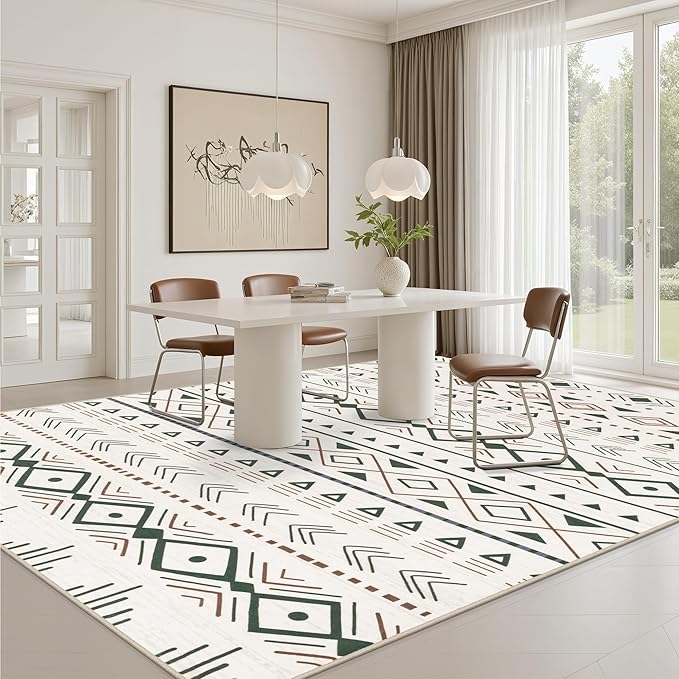 5x7 Area Rugs Living Room Rug: Washable Rug Neutral Lagre Soft Thin Carpet Indoor Floor Non Slip Boho Geometric Moroccan Carpets for Bedroom Dining Room Farmhouse Nursery Office - Brown Green