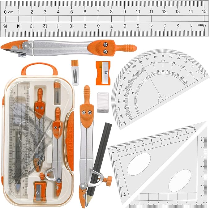 Maths Compasses for Geometry Student Drafting Compass Set Starter Kit with Protractor, Set Squares with Case for School Maths Study, Orange