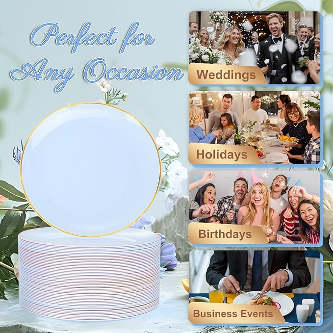Festiva 200Pcs Blue Gold Cake Plates 6.3" with Plastic Forks 5"- Disposable Blue Dessert/Appetizer/Salad Plates- serve 100 guests for Party&Wedding&Easter