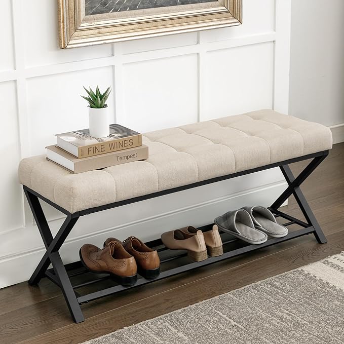 LUE BONA 44.5” End of Bed Bench with Shelf, Linen Tufted Upholstered Storage Shoe Bench, Modern Bedroom Bench with Metal Legs for Living Room, Entryway, Dining Room, 300 LB, Linen Color