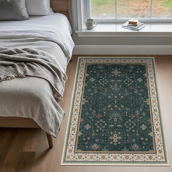 Dark Green Oushak 3x6 Kitchen Rug - Modern Vintage Boho Floral Moody, Washable Low Pile Non-Slip Area Rugs for Large Entryway, Door Mat Indoor Entrance, Kitchen, Bedroom Beside Bed