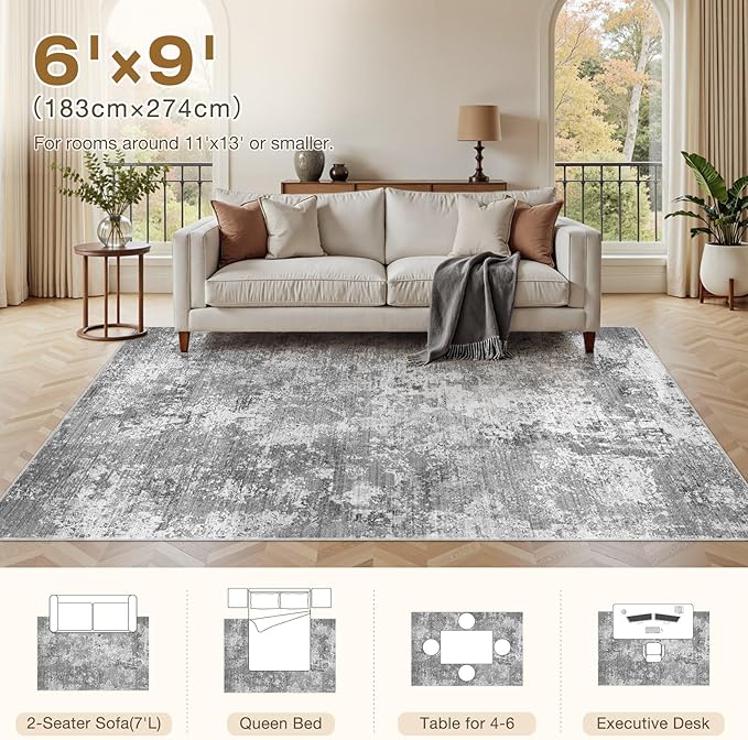Area Rugs for Living Room: 6x9 Abstract Washable Rug Modern Neutral Large Soft Stain Resistant Non-Slip Backing Machine Table for Bedroom Dining Room Indoor Home Office Carpet - Light Grey