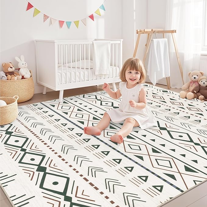 5x7 Area Rugs Living Room Rug: Washable Rug Neutral Lagre Soft Thin Carpet Indoor Floor Non Slip Boho Geometric Moroccan Carpets for Bedroom Dining Room Farmhouse Nursery Office - Brown Green