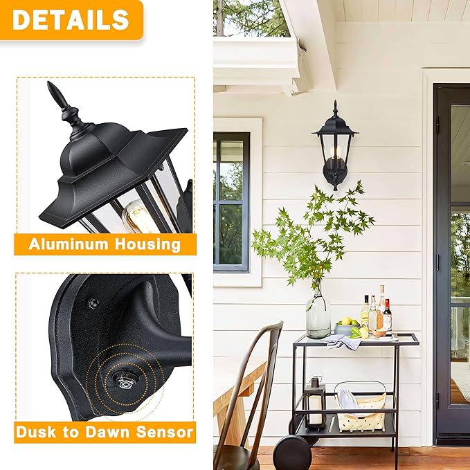 Outdoor Wall Lantern, Dusk to Dawn Exterior Wall Sconce with Clear Glass, Waterproof Black Aluminum Porch Light, Anti-Rust Outside Lighting Fixtures for Patio Front Door Entryway, 2-Pack