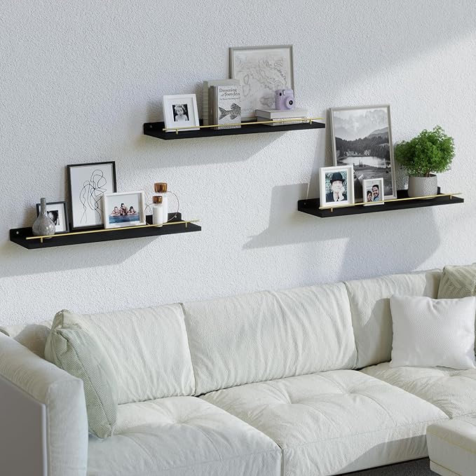 WOPITUES Floating Shelves 24 inch with Gold Metal Guardrail, Shelves for Wall Decor Set of 3, Wall Shelves for Bedroom, Bathroom, Kitchen, Living Room, Plants, Picture Frames, Art- Black and Gold