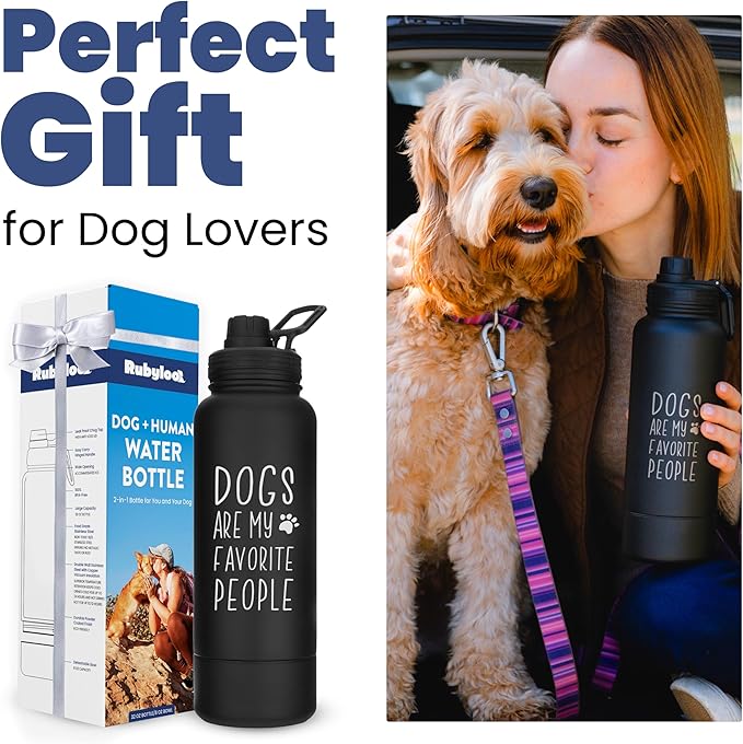 Dog Water Bottle for Dog Lovers - 32 oz Stainless Steel Double Wall Insulated Water Bottle with 8 oz Detachable Bowl on Bottom- Doggy Lover Gift for Hiking, Walks, Travel - “Favorite People” Black