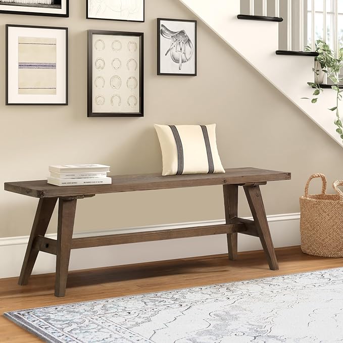 Wnutrees 47" Farmhouse Wood Bench, Dining Room Bench, Entryway Bench for Living Dining Room, Solid Wood, Easy to Assemble, Brown