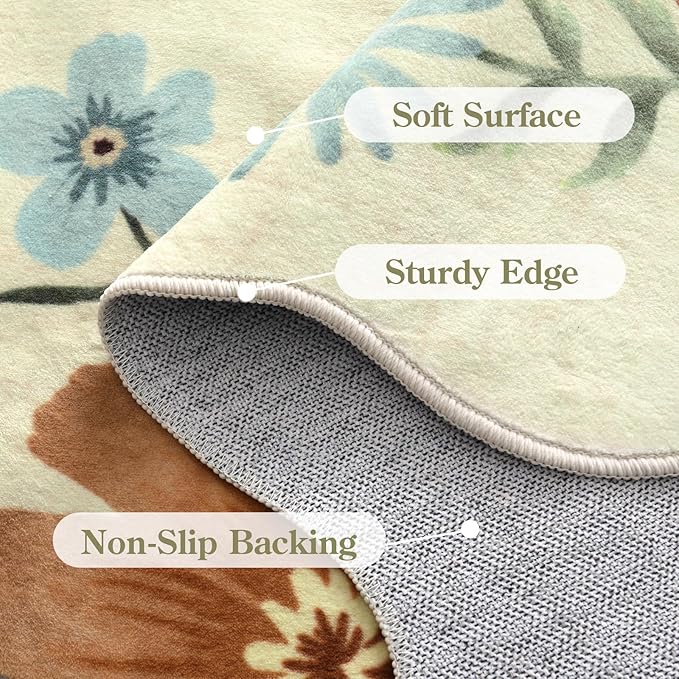 Lahome Floral Machine Washable Rug, 3x5 Rug Non Slip Soft Bedroom Rugs for Entryway Dorm, Ultra-Thin Boho Rugs for Living Room Stain Resistan Throw Carpet for Nursery Entrance, Beige